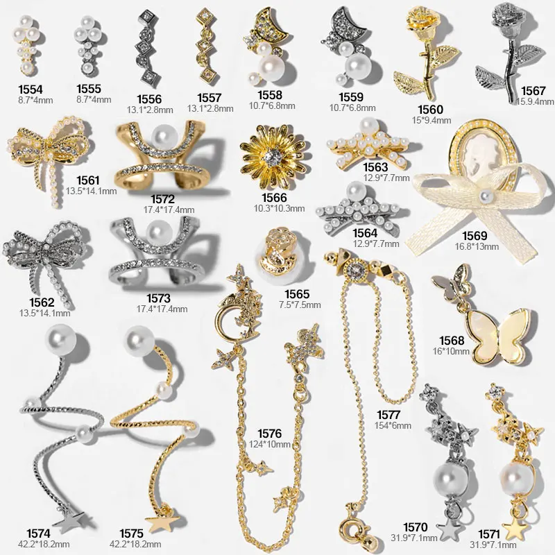 3D Charm Metal Alloy Nail Art Rhinestone Decoration Luxury Pearl Ring Chain Bow Design Nails Zircon Jewelry Manicure Accessories | Красота и