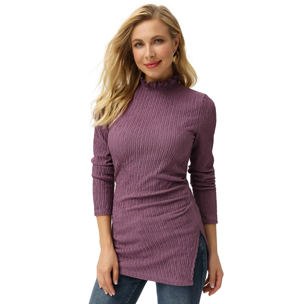 Grace Karin женская футболка с рюшами длинным рукавом оборками высоким воротом топы