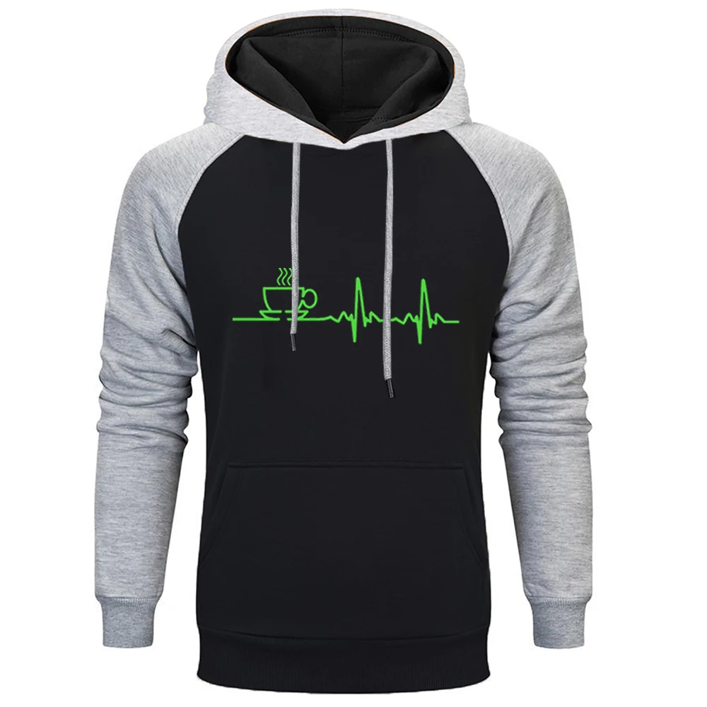

Heartbeat Funny Print Heartbeat Coffee Autumn Winter New Sweatshirt Men Hooded Raglan Hoodies Streetwear Fleece Warm Sportswear