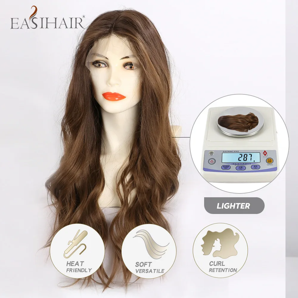 

EASIHAIR Long Wavy Brown Heat Resistant Hair Natural Synthetic Lace Front Wigs for Women Middle Part High Density Cosplay Wigs