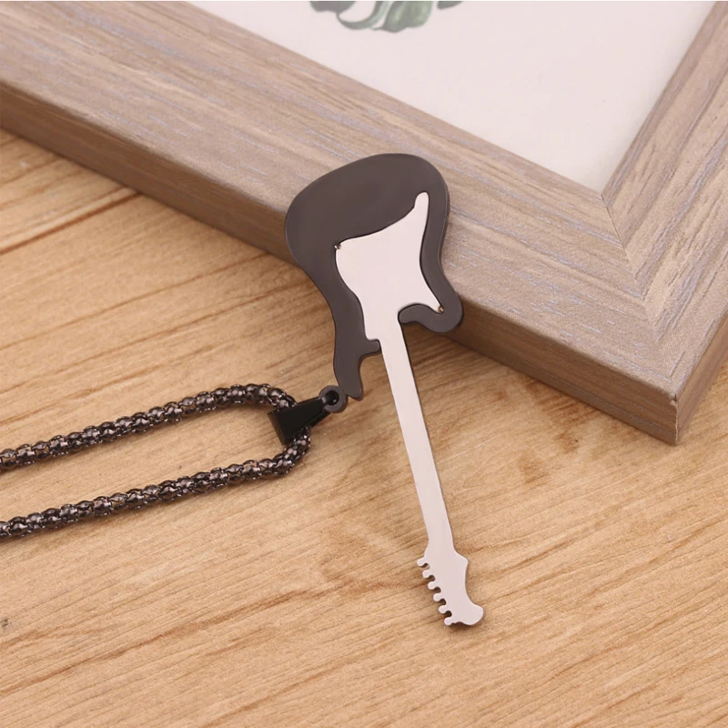 

Hip Hop Gold Black Silver Color Fashion Men Women Stainless Steel Rock Music Guitar Pendant Jewelry Chain Necklace Bijoux Gift
