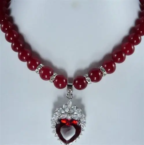 

Hot sell Pretty 8mm Red jade + Crystal Pendant Necklace 18 "