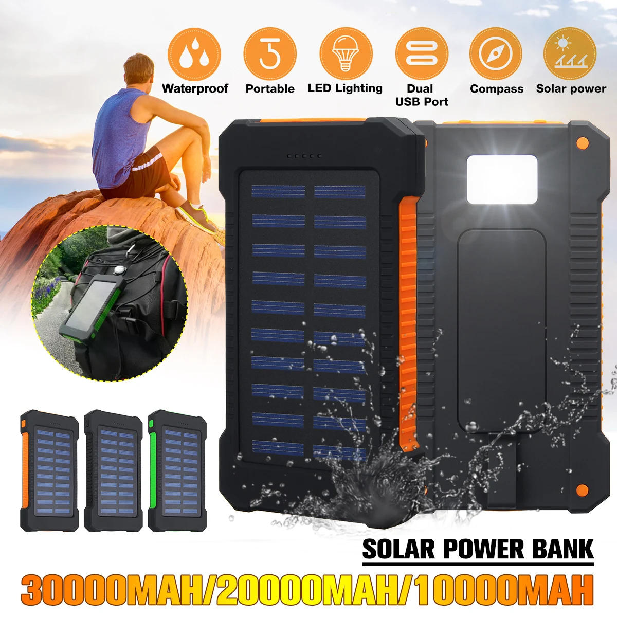 Внешний аккумулятор на солнечной батарее с 2 мя USB портами 20000/30000 мАч|Аксессуары