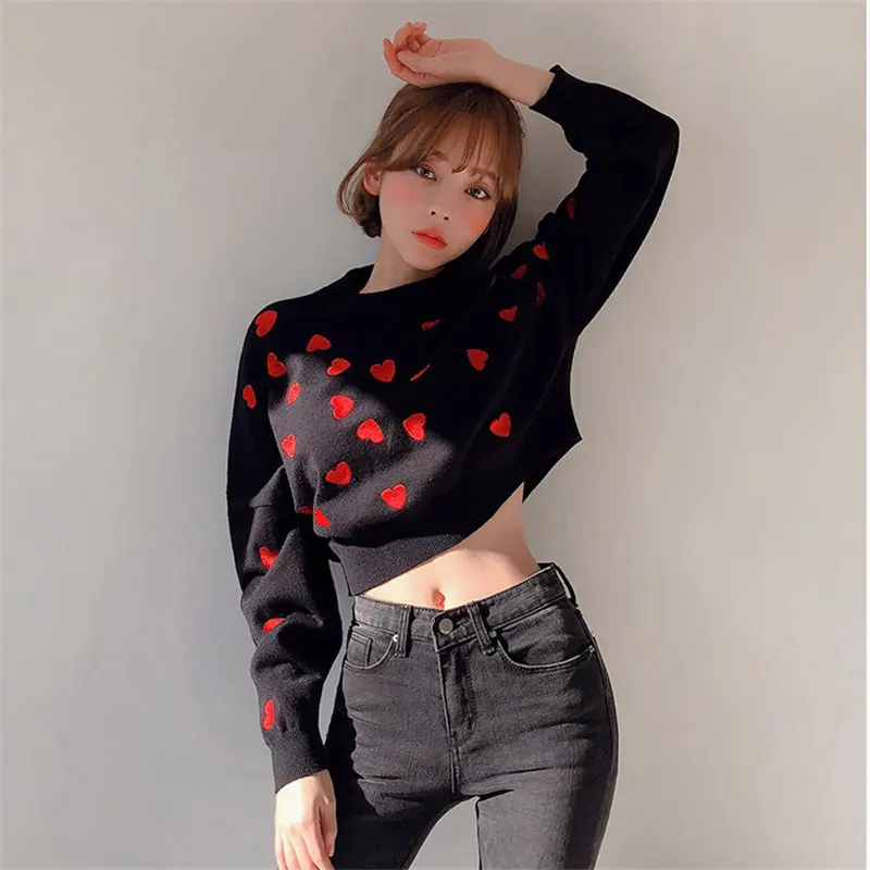 Милые Универсальные женские пуловеры Alien Kitty с вышивкой и сердечками приталенные