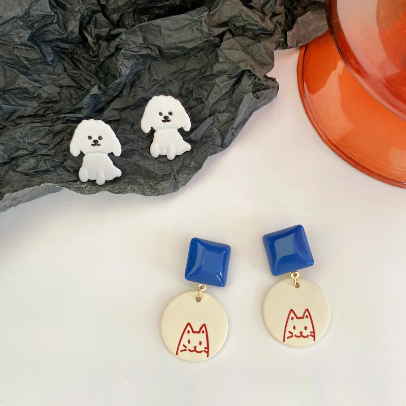 

Origin Summer Korean Fashion Cartoon Enamel Cat Dog Dangle Earring for Women Girls Metallic Circle Spray Earring Jewelry