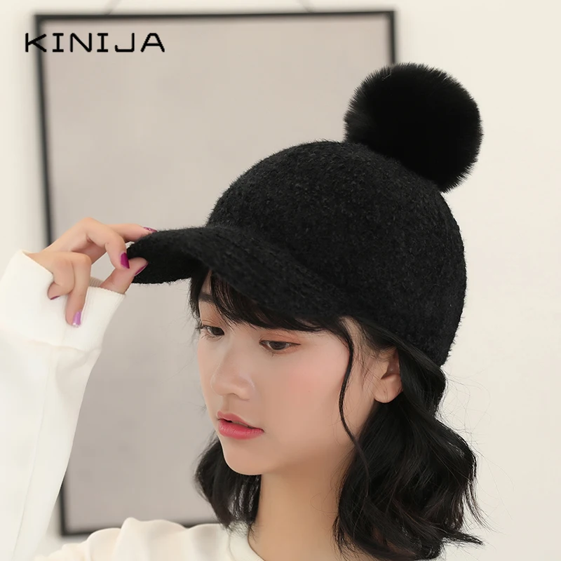 Модная шапка для девочек осенне зимняя со съемным меховым помпоном бейсболка