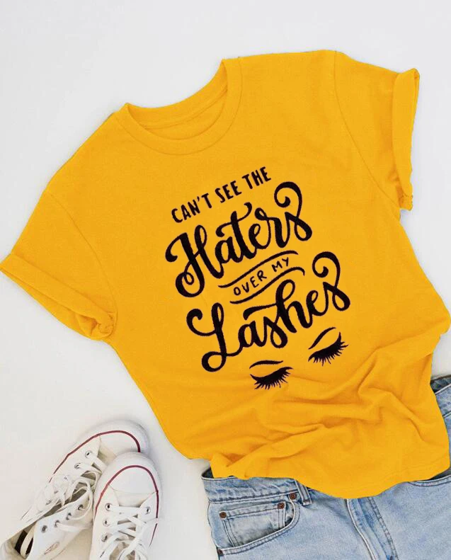 Yellow-black txt Cant See The Haters For My Lashes футболка для макияжа футболка для художника ресницы Забавный Графический Женский модный тройник лозунг tumblr Топы в готическом стиле - Цвет: Yellow-black txt