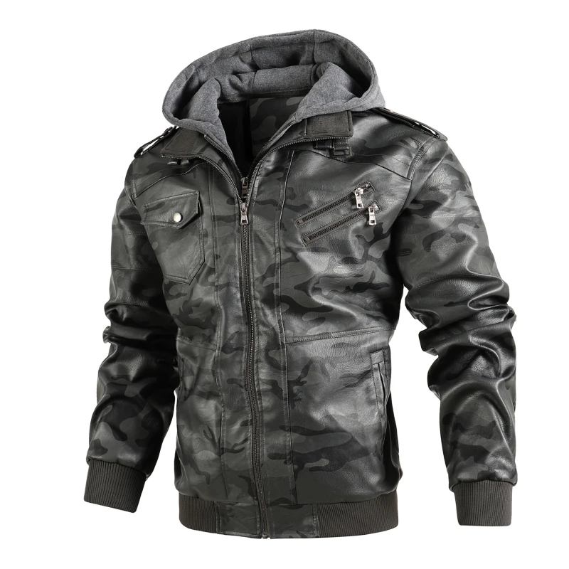 

Men's Leather Jacket Autumn Leisure Motorcycle PU Jacket Motorcycle Leather Camouflage Zipper Hood Long-sleeved Jacket