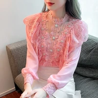 2022 spring fashion embroidered blouse beaded flower chiffon shirt womens sweet long sleeved stand up collar ruffled lace shirt