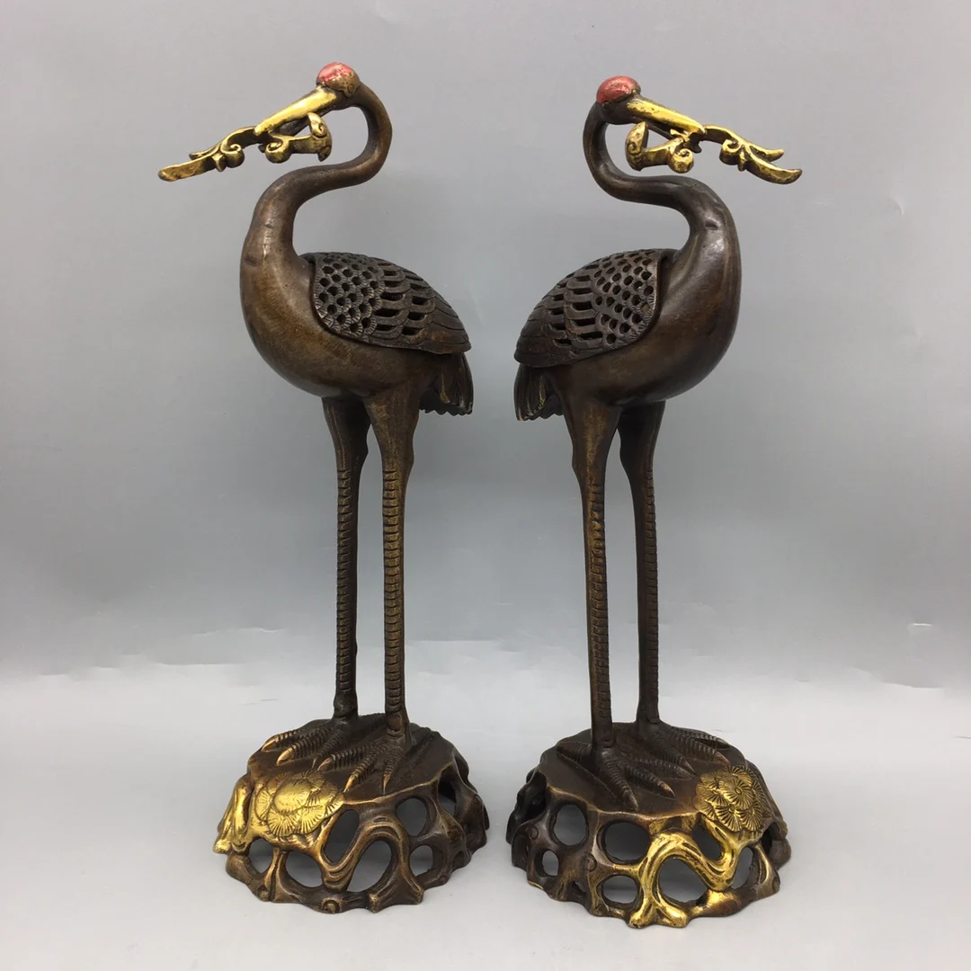 

Exquisite Chinese antique bronze gilded crane statue incense burner decoration collection