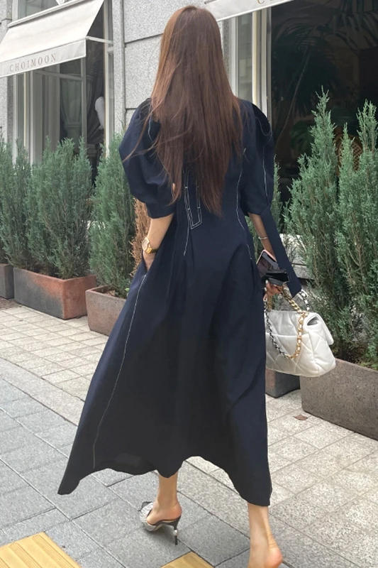 

Women Long Dress Summer 2021 New Office Lady Korea Style Fashion Casual Loose Solid Short Sleeve O-Neck High Waist Belt Dresses