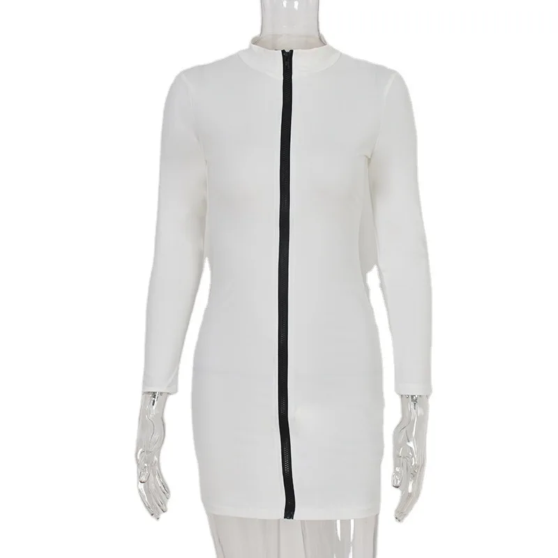 

Autumn Dress Long Sleeve Patchwork Solid Color Zipper Women Dress