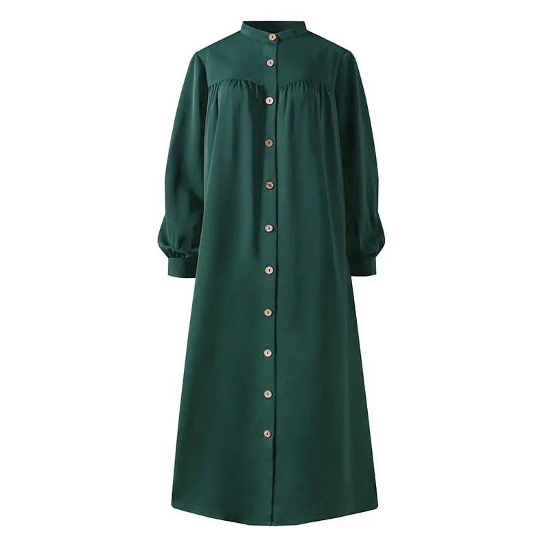 

Summer Solid Color Muslim Dresses 2021Woman Shirt Dress Long Sleeve Maxi Vestidos Female Button Robe Round Neck Drees for Womens