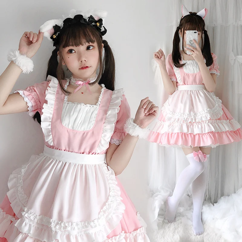 

Maid Outfit Halloween Cosplay Lolita Clothes Princess Dress Vintage Pink White Uniform Costumes Role Play Sweet Girl Party Club