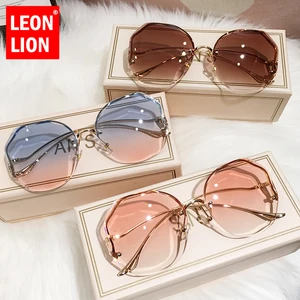 LeonLion 2021 Rimless Sunglasses Women Ocean Water Cut Eyewear Women/Men Trimmed Lens Metal Curved T