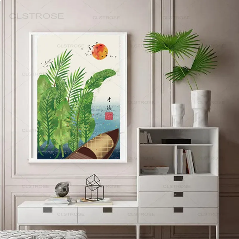 Фольклорный пейзаж на заказ холст с рисунком в китайском стиле для кабинета