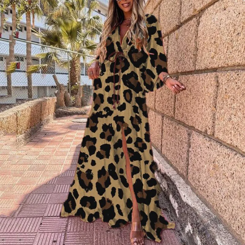 

Autumn Women Retro Print Maxi Boho Dress Fashion V Neck High Waist Dresses With Belt Sexy Split Long Sleeve Party Dress Vestidos