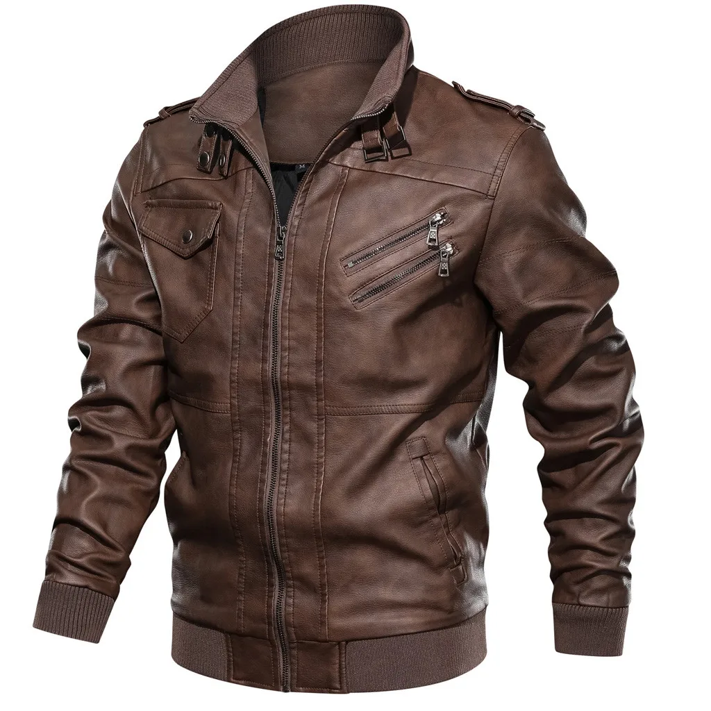 

JAYCOSIN Men Jacket Autumn Winter Vintage Zipper Stand Collar Solid Imitation Leather Coat Uniform Slim Casual Fashion Coat #45