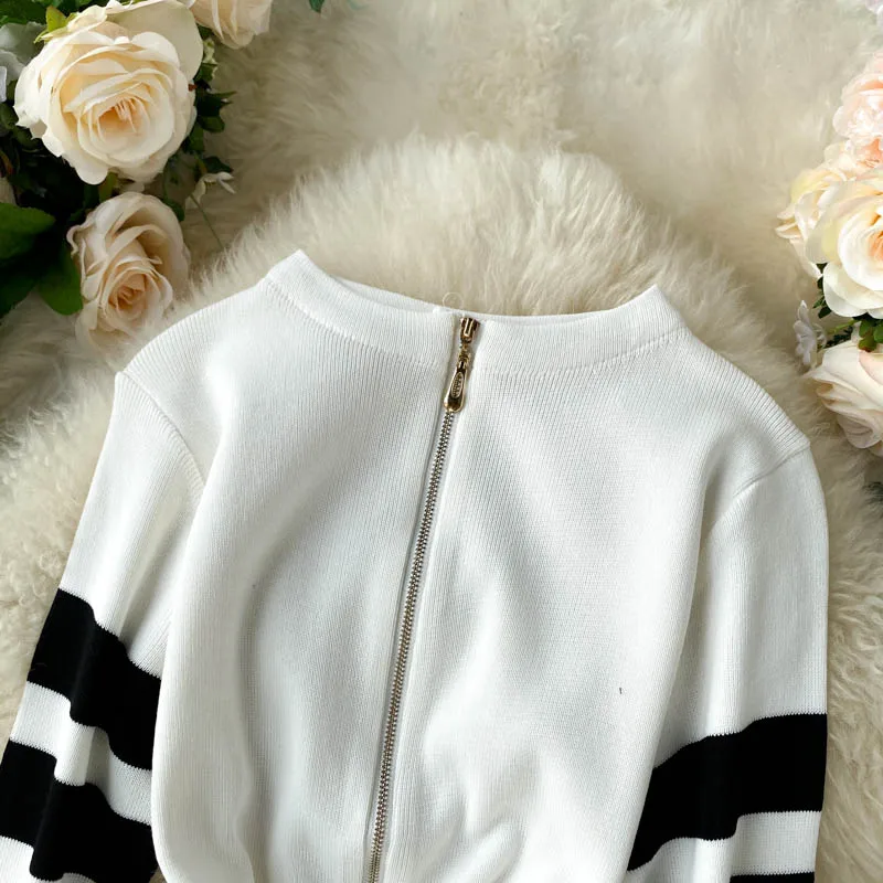 SINGRAIN Fashion Zipper Knitted Dress Women Korean Long Sleeve Slim Sheath Autumn Winter Elastic Bodycon Sweater | Женская одежда