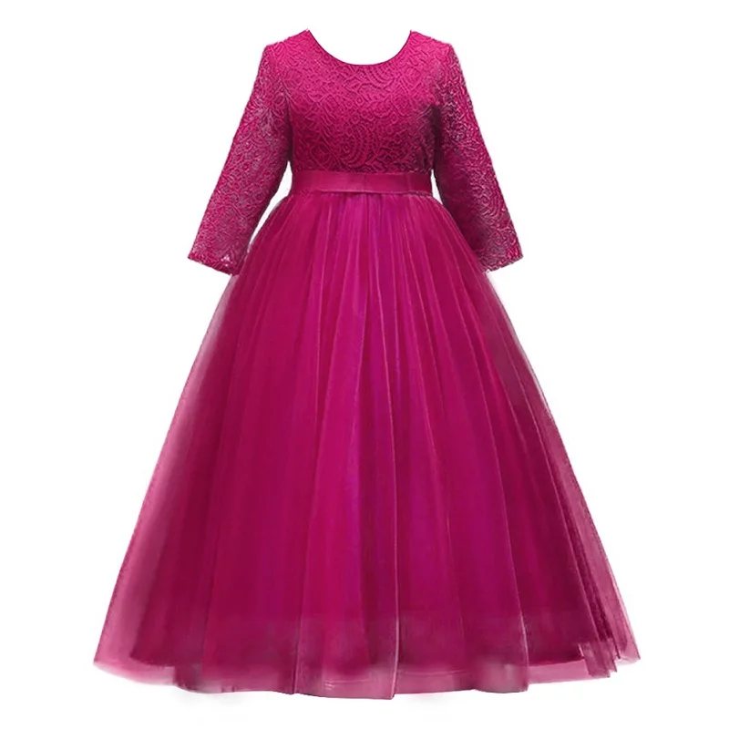 hot pink Модное Новое Детское платье для девочек, 3/4 рукав, высокая талия, зеленое кружевное Тюлевое платье с v-образным вырезом на спине элегантное праздничное платье принцессы для девочек на день рождения - Цвет: hot pink