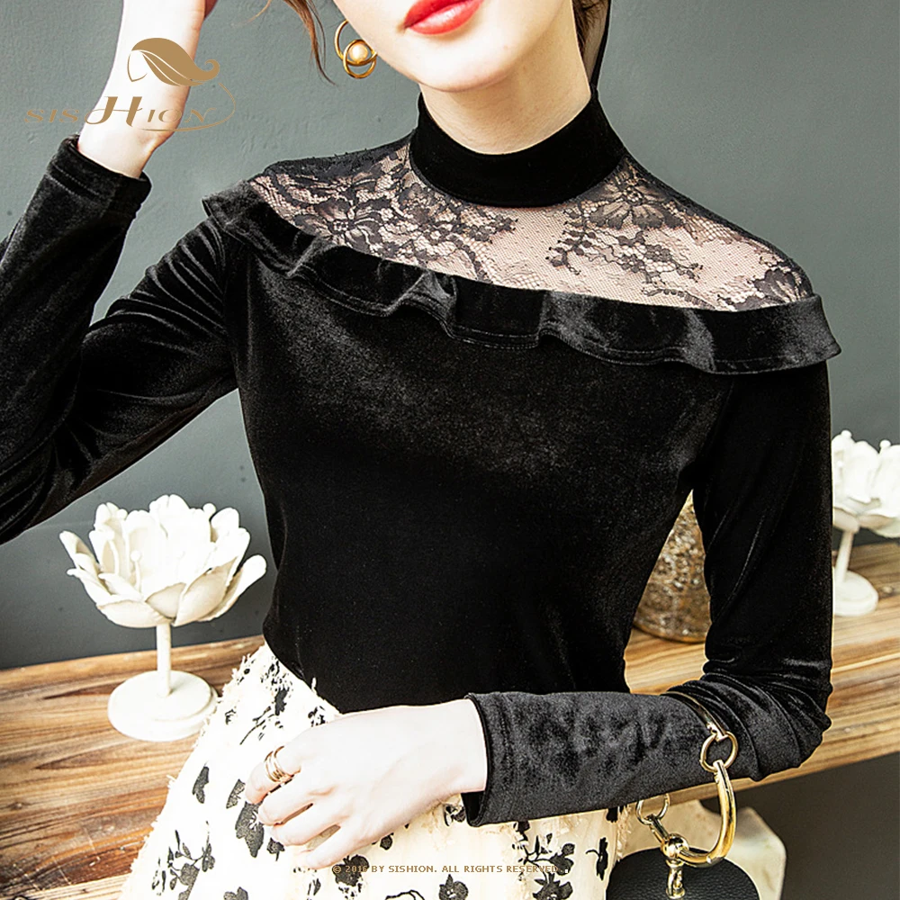 

SISHION French Lace Patchwork Long Sleeve Shirt VD2691 Elegant Half Turtleneck Black Velvet Women Tops T Shirt