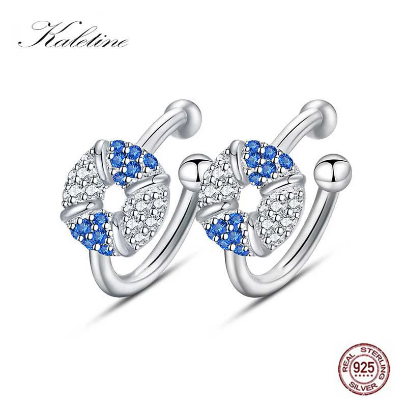 Серебряные серьги клипсы KALETINE с синим камнем без проколов подарок на день