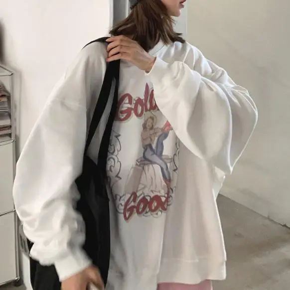 

Lauri Laki New White Print Oversize Hoodies Sweatshirts Women Retro Loose Plus Size Casual Hooded Autumn Spring 2021 Tops
