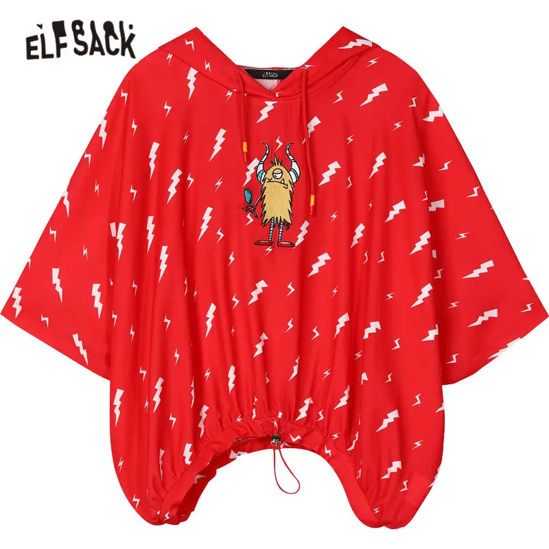 

ELFSACK Red Monster Embroidery Casual Women Graphic Hoodies 2020 ELF Summer New Drawstring Half Sleeve Ladies Korean Daily Tops