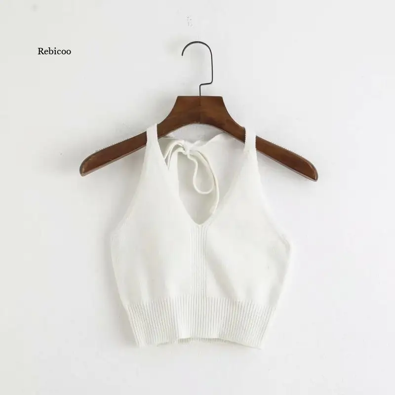 

Summer Suspenders Streetwear Knitted Women Fashion Blue Backless Bandage Crop Tops Retro Cropped Women's Vest