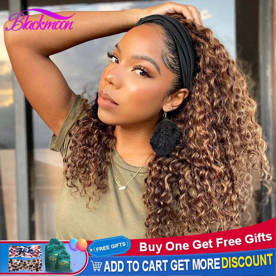 

Brazilian Deep Wave Headband Human Hair Wig Highlight Glueless Wig for Women P4-27 Honey Blonde Colored Deep Culry Hair Wig Remy