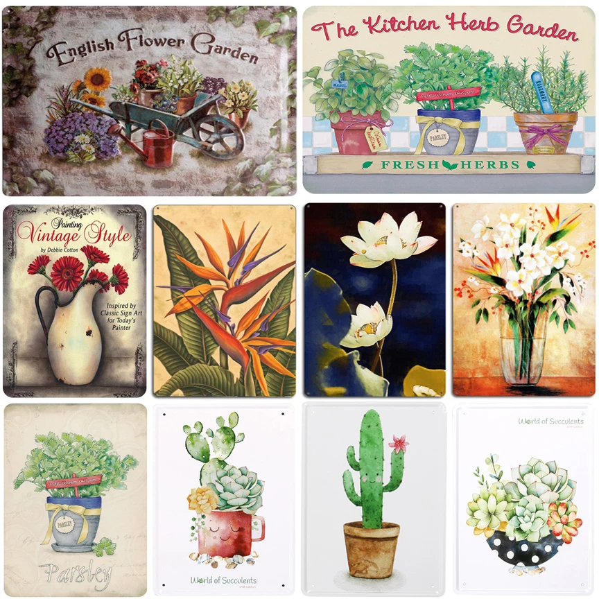 

Fresh Herbal Flower Metal Tin Sign Vintage Metal Plaque Retro Iron Painting Flowers and Green Plants Home Decoration Farm Garden