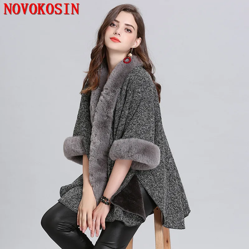 8 Colors Oversize Capes Women Knitwear Long Sleeves Cardigan Cloak With Hat Winter Faux Fox Fur Collar Loose Streetwear Coat
