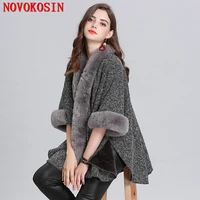 sc329 6 colors 2019 oversize capes women solid knitted female long sleeves sweater cardigan with hat winter faux fox fur cloak