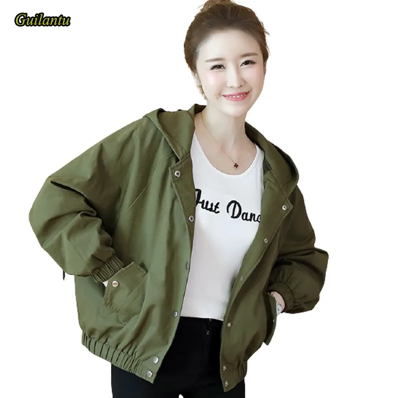 

Guilantu 2021 Женская Весенняя куртка Корейская одежда модные однобортные Куртки Оверсайз с капюшоном и рукавами «летучая мышь» Harajuku