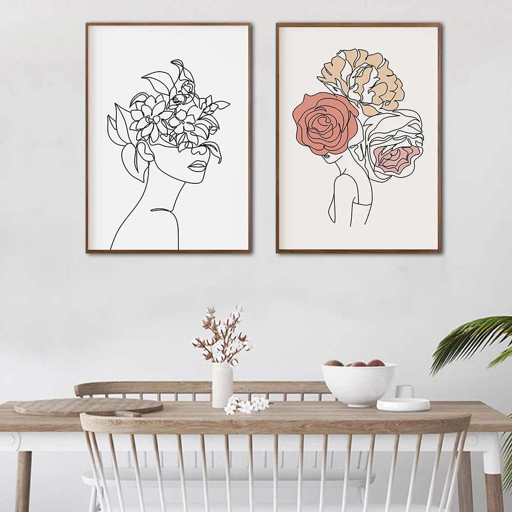 

Modern Poster Flower Woman Line Art Print Canvas Painting Fashion Art Print Minimalist Wall Picture For Living Room Home Decor