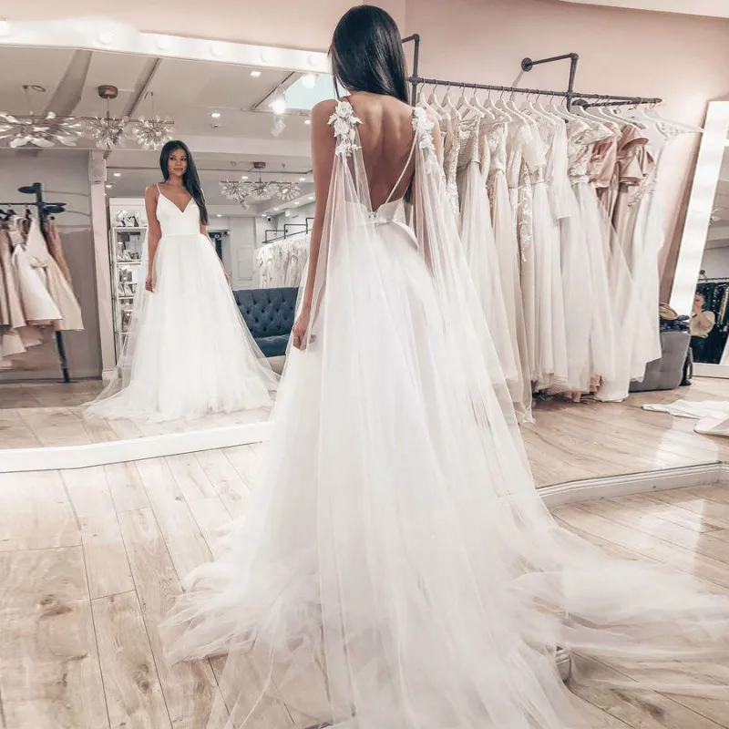 Vestido De Novia сексуальные тонкие лямки Тюль Свадебное платье без рукавов v-образным