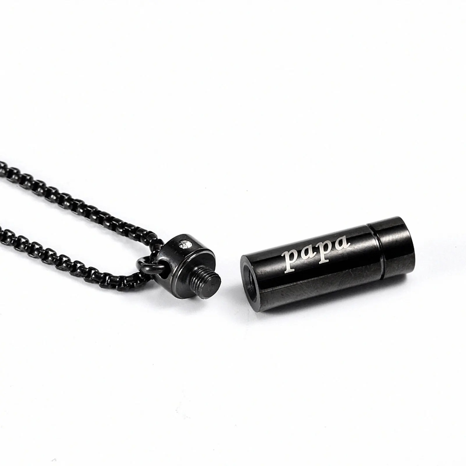 

1PC Stainless Steel Cremation Ash Urn Pendants For DIY Necklace Cylinder Black Message " Papa " Can Open 30mm x 9mm