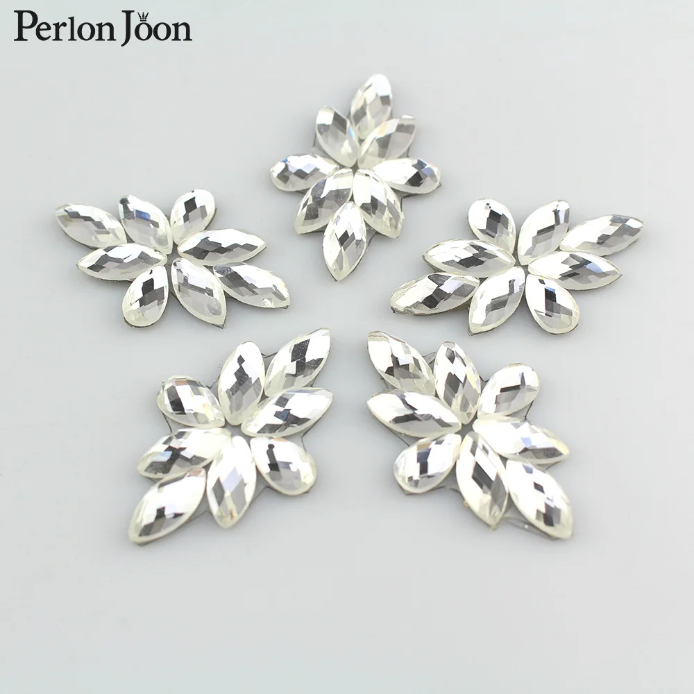

5Pcs DIY silver crystal leaf hot fix patch glass applique rhinestone decoration iron on for wedding dress shoes accessory TJ 072