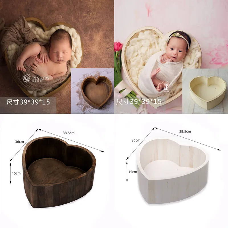 Children Photography Props Simple Wind Wooden Heart-shaped Box Newborn One Month Baby Modeling Auxiliary Props Basket Container