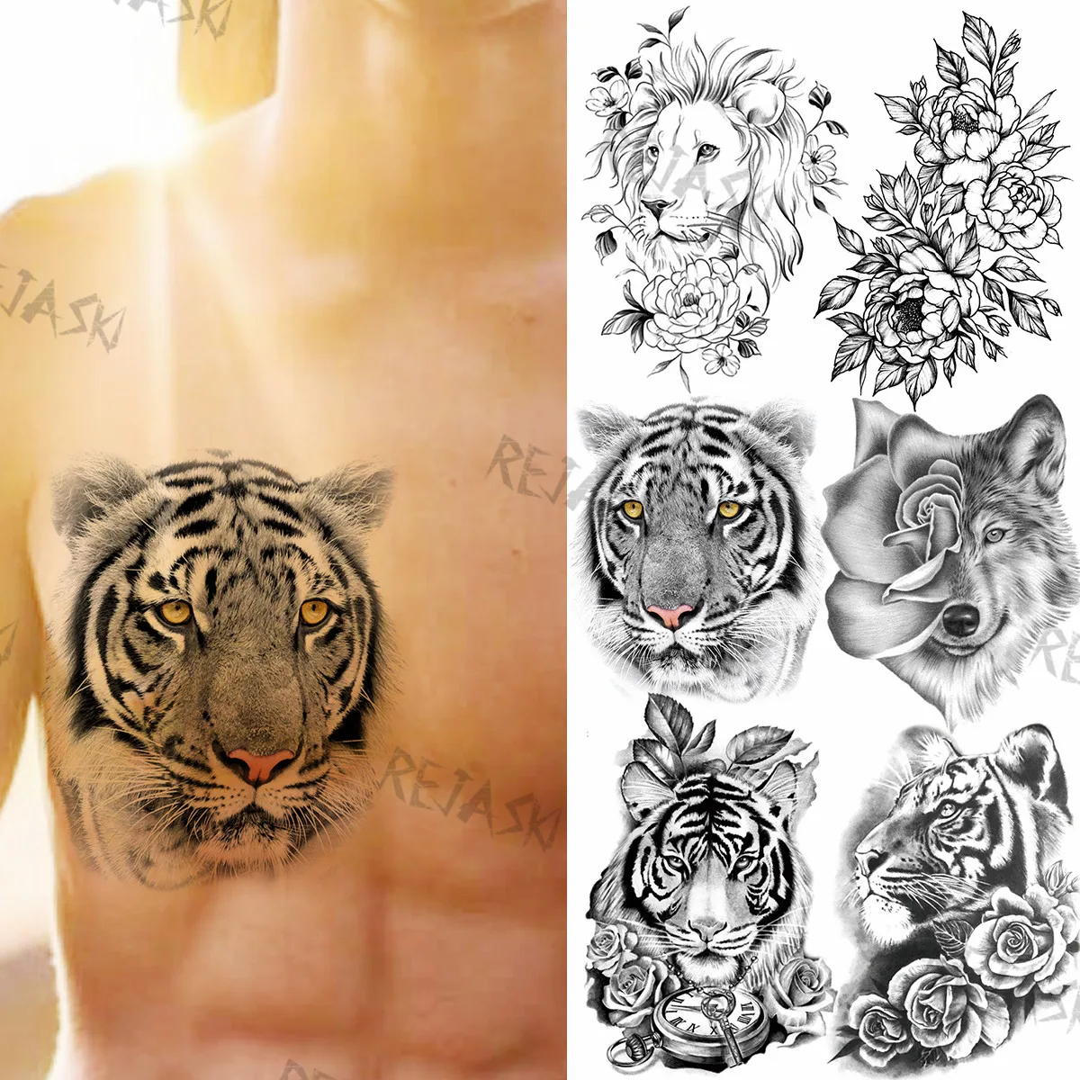 

Временные татуировки с черным тигром для мужчин и взрослых, реалистичные татуировки с Львом, розой, цветком, лисицей, Далией, наклейка на гру...
