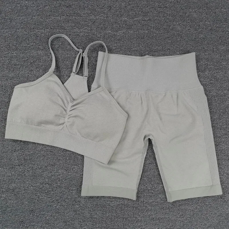 ASHEYWR Sport Suit Women Gym Fitness V Neck Bra High Elastic Waist Seamless Shorts Female Workout Tummy Control Yoga Suits