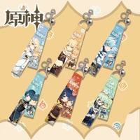cartoon anime keychain genshin impact kawaii character ribbon bell key ring bag car women man cosplay fans trinket charm
