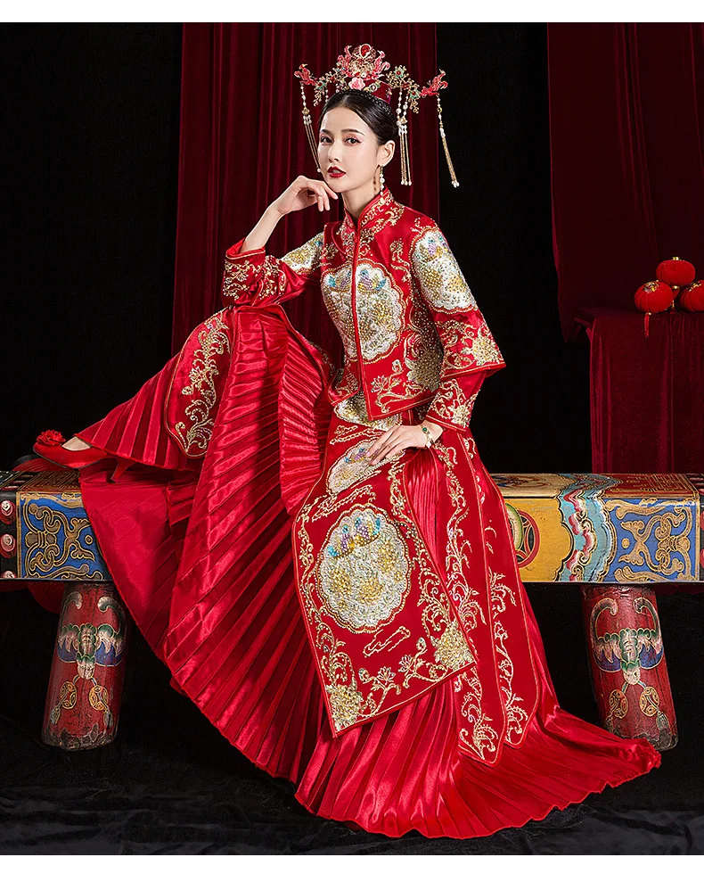 Новое свадебное платье для невесты изысканный Свадебный комплект Чонсам в