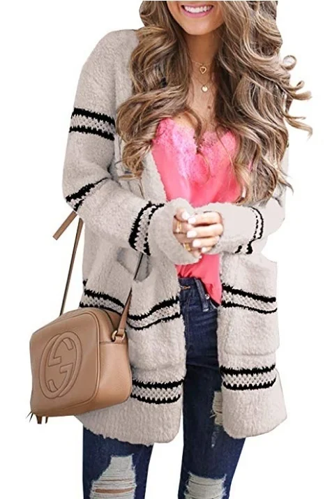 

New Winter Pocket Long Cardigan Fashion Long Sleeve Knit Striped Sweater Coat Women Large Warm Coat Casual Solid Color Jacket