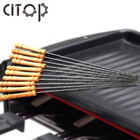 citop 12pcs outdoor picnic bbq barbecue skewer roast stick stainless steel needle with wooden handle tong kebabe tools