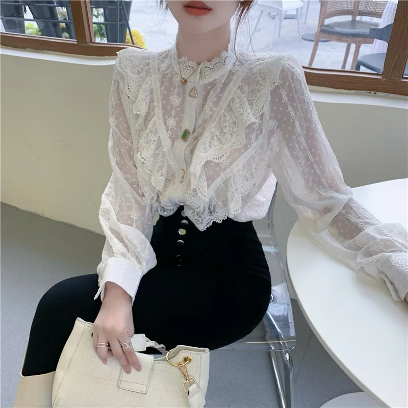 

COIGARSAM Ruffles blouse women Chiffon Patchwork Loose Single Breasted blusas womens tops and blouses White Apricot 6692