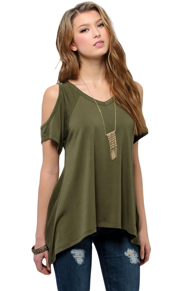 

Black V Neck Cold Shoulder Swing Top