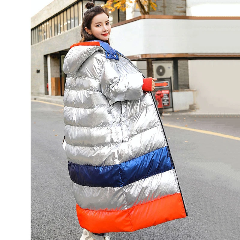 

ZURICHOUSE Winter Puffer Jacket Female Loose Casual Fashion Hit Color Spliced Glossy Warm Long Hooded Women's Parka Coat P3527