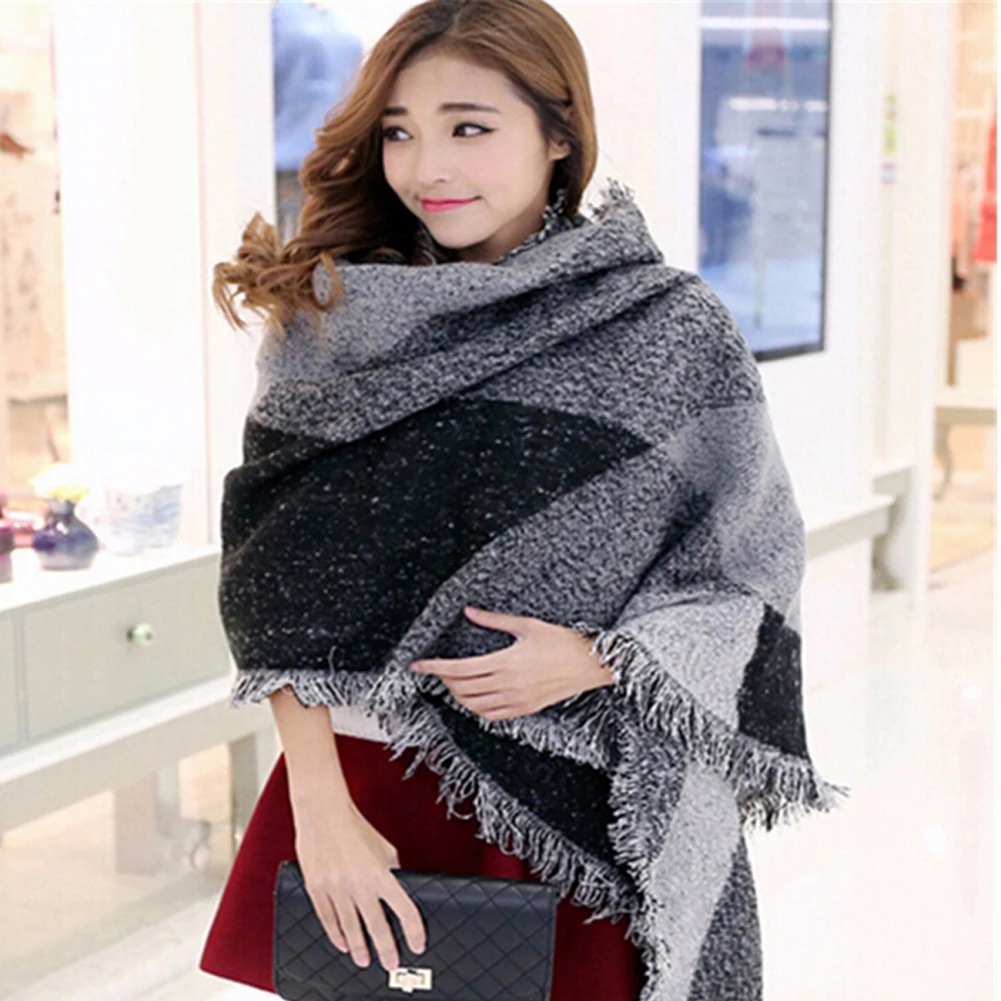 

Winter Warm Fashion Large Scarves Women's Thick Long Cashmere Winter Wool Blend Soft Plaid Scarf Shawl Wrap Plaid Scarf