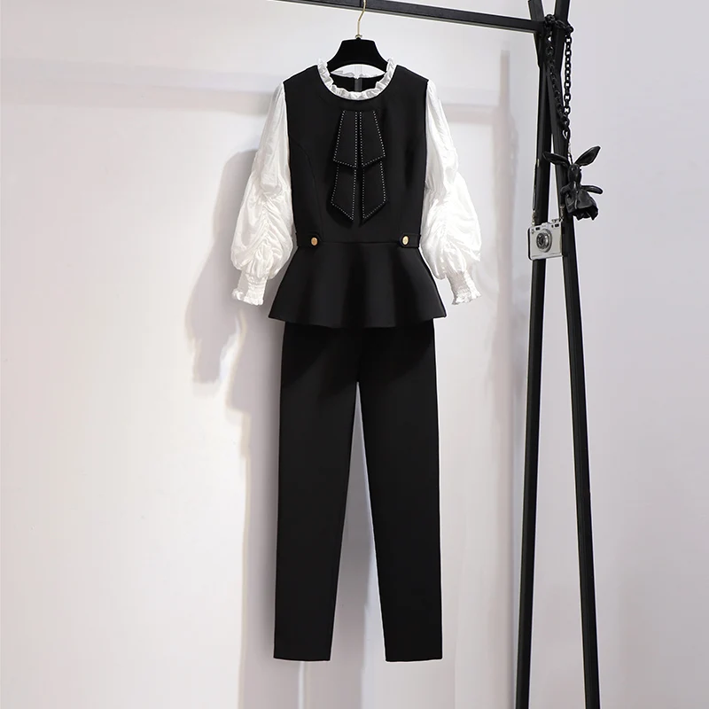 

High Quality Office Lady Spring Autumn Pants Set Women Black White Patchwork Ruffles Shirt + Pencil Pants Suit Work 2 Piece Set
